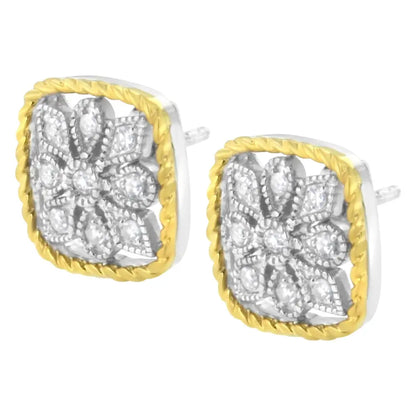 10k Yellow Gold Plated.925 Sterling Silver 1/4 Cttw Diamond ?Flower in a Box’ Stud Earrings (i-j Color I2-i3 Clarity)