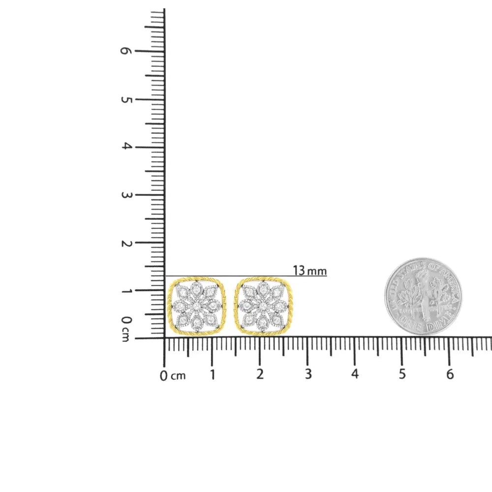 10k Yellow Gold Plated.925 Sterling Silver 1/4 Cttw Diamond ?Flower in a Box’ Stud Earrings (i-j Color I2-i3 Clarity)