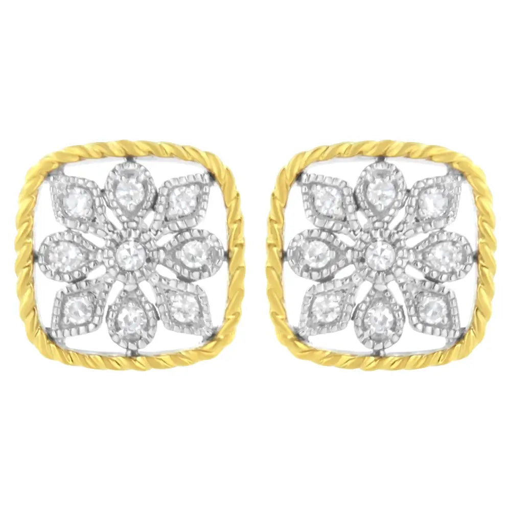 10k Yellow Gold Plated.925 Sterling Silver 1/4 Cttw Diamond ?Flower in a Box’ Stud Earrings (i-j Color I2-i3 Clarity)