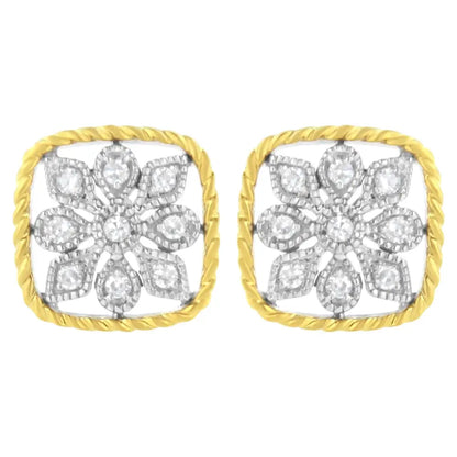 10k Yellow Gold Plated.925 Sterling Silver 1/4 Cttw Diamond ?Flower in a Box’ Stud Earrings (i-j Color I2-i3 Clarity)