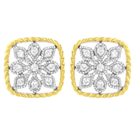 10k Yellow Gold Plated.925 Sterling Silver 1/4 Cttw Diamond ?Flower in a Box’ Stud Earrings (i-j Color I2-i3 Clarity)