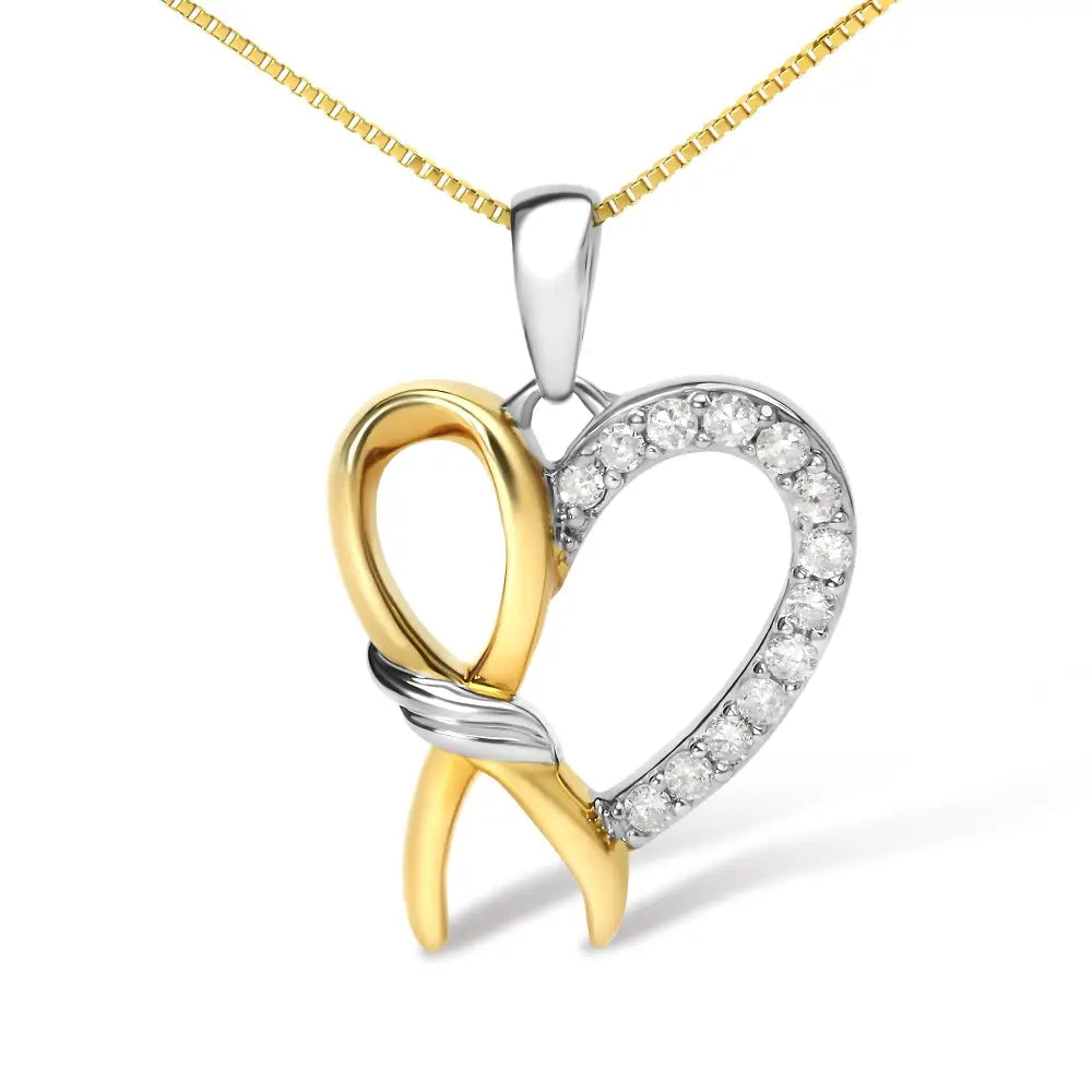 10k Yellow Gold Plated.925 Sterling Silver 1/5 Cttw Diamond Ribbon Heart Pendant Necklace (h-i Color I2-i3 Clarity)