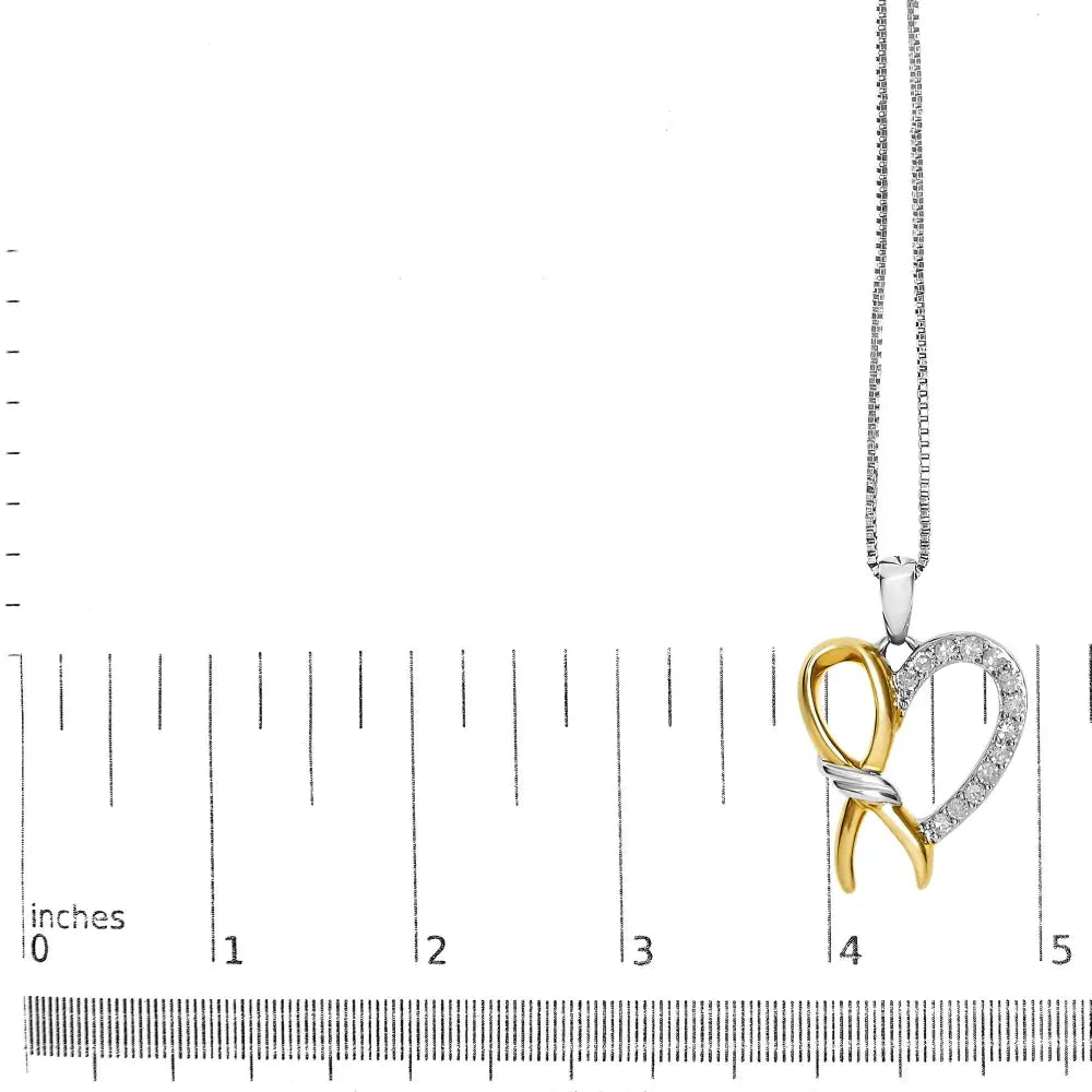 10k Yellow Gold Plated.925 Sterling Silver 1/5 Cttw Diamond Ribbon Heart Pendant Necklace (h-i Color I2-i3 Clarity)