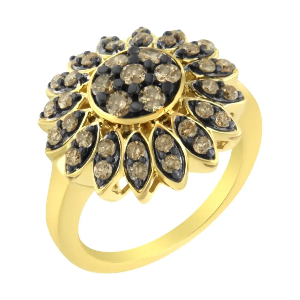 10k Yellow Gold Plated.925 Sterling Silver 1 Cttw Prong Set Round-cut Diamond Floral Cocktail Ring (i1-i2 Clarity J-k