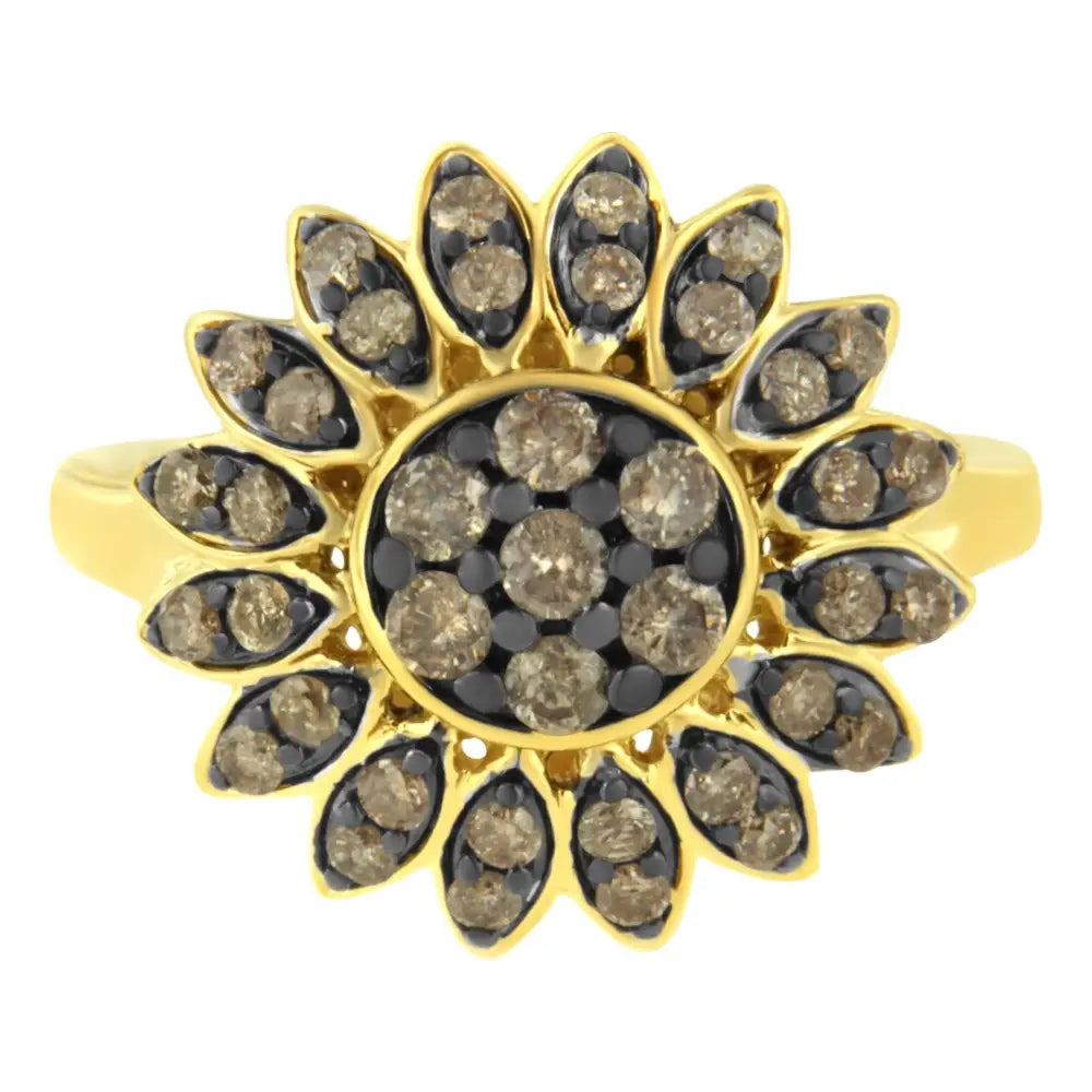 10k Yellow Gold Plated.925 Sterling Silver 1 Cttw Prong Set Round-cut Diamond Floral Cocktail Ring (i1-i2 Clarity J-k