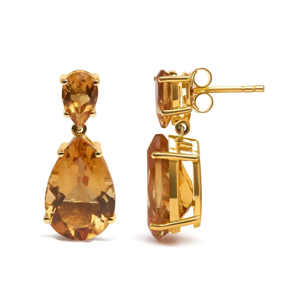 10k Yellow Gold Plated.925 Sterling Silver 12 1/3 Cttw Pear Shaped Orange Citrine Dangle Double Drop Stud Earring