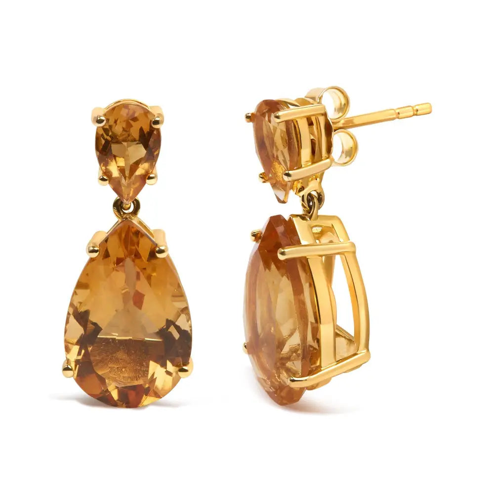 10k Yellow Gold Plated.925 Sterling Silver 12 1/3 Cttw Pear Shaped Orange Citrine Dangle Double Drop Stud Earring