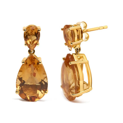 10k Yellow Gold Plated.925 Sterling Silver 12 1/3 Cttw Pear Shaped Orange Citrine Dangle Double Drop Stud Earring