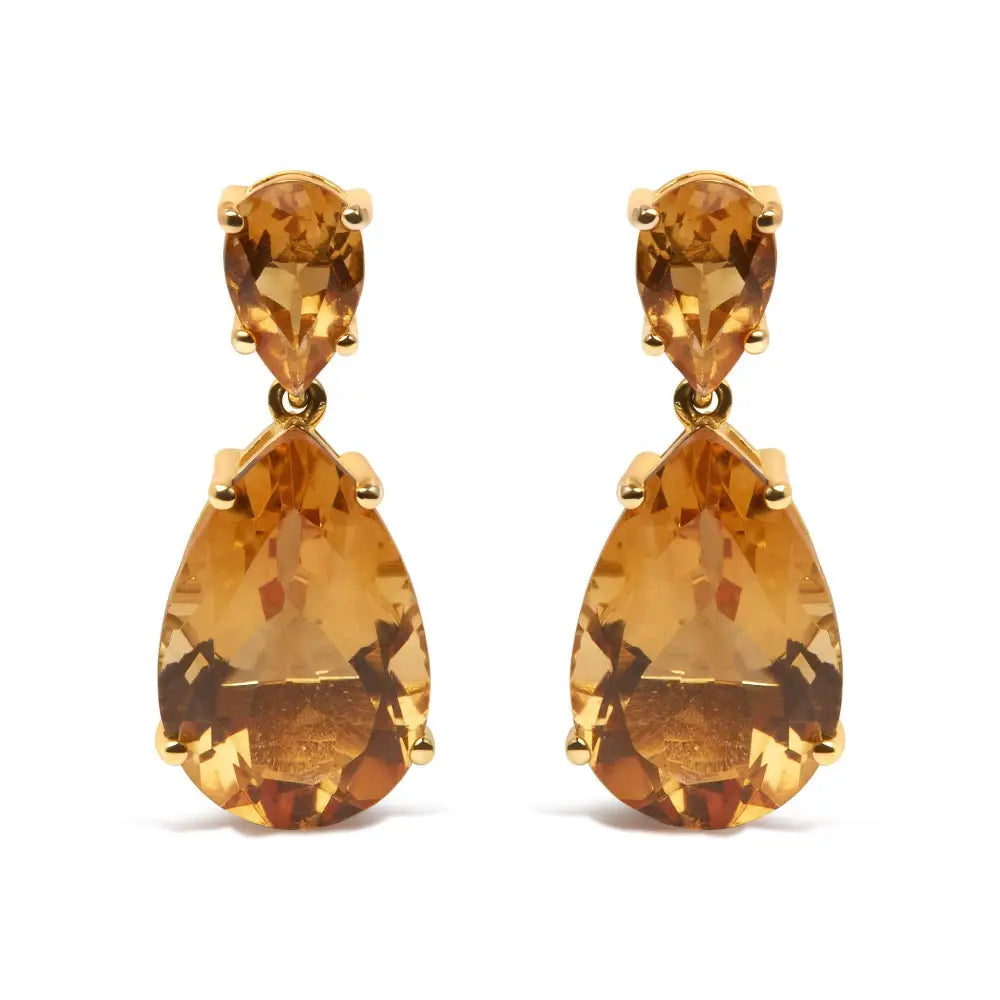 10k Yellow Gold Plated.925 Sterling Silver 12 1/3 Cttw Pear Shaped Orange Citrine Dangle Double Drop Stud Earring