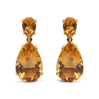 10k Yellow Gold Plated.925 Sterling Silver 12 1/3 Cttw Pear Shaped Orange Citrine Dangle Double Drop Stud Earring