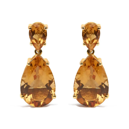 10k Yellow Gold Plated.925 Sterling Silver 12 1/3 Cttw Pear Shaped Orange Citrine Dangle Double Drop Stud Earring