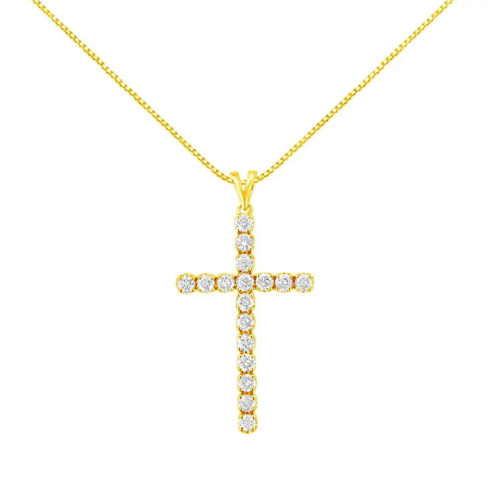 10k Yellow Gold Plated.925 Sterling Silver 2.0 Cttw Classic Prong Set Round-cut Diamond Cross 18’’ Pendant Necklace