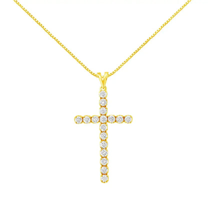 10k Yellow Gold Plated.925 Sterling Silver 2.0 Cttw Classic Prong Set Round-cut Diamond Cross 18’’ Pendant Necklace