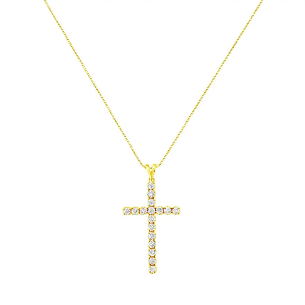 10k Yellow Gold Plated.925 Sterling Silver 2.0 Cttw Classic Prong Set Round-cut Diamond Cross 18’’ Pendant Necklace