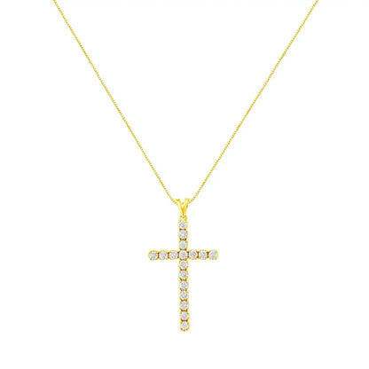 10k Yellow Gold Plated.925 Sterling Silver 2.0 Cttw Classic Prong Set Round-cut Diamond Cross 18’’ Pendant Necklace