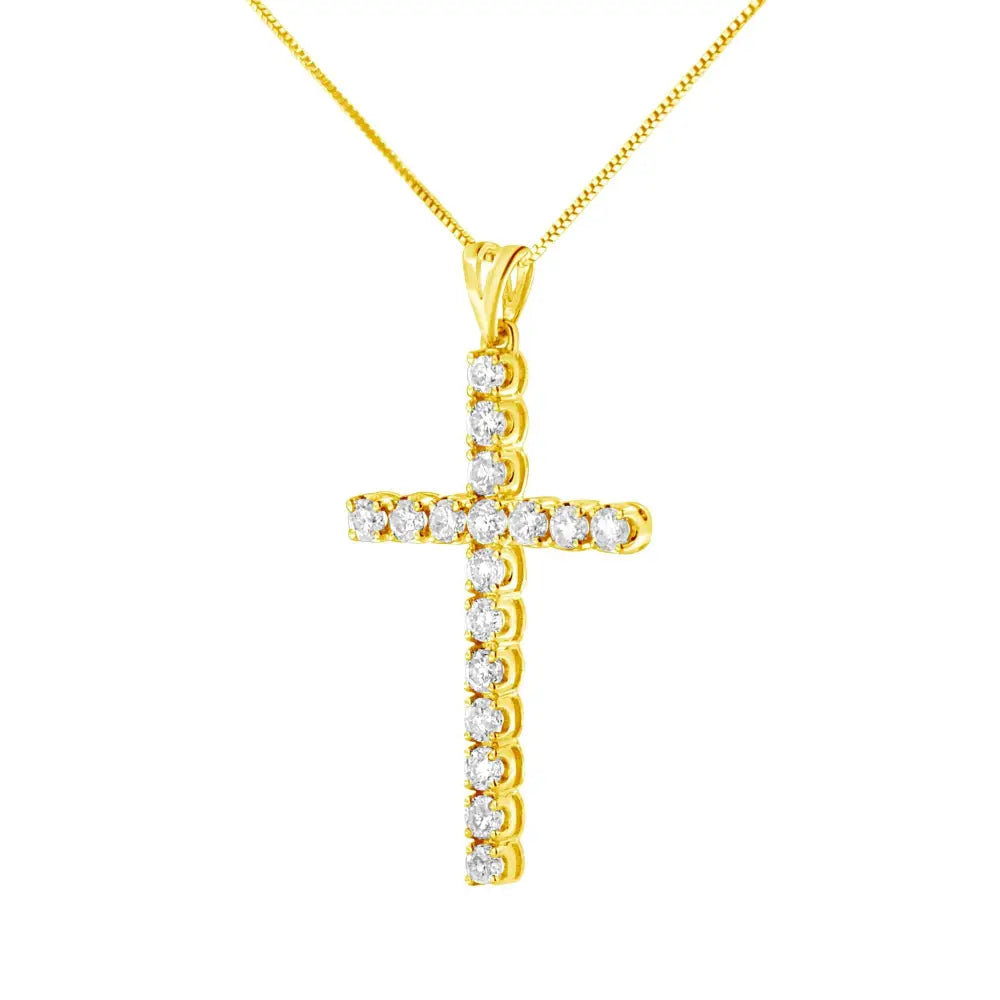 10k Yellow Gold Plated.925 Sterling Silver 2.0 Cttw Classic Prong Set Round-cut Diamond Cross 18’’ Pendant Necklace