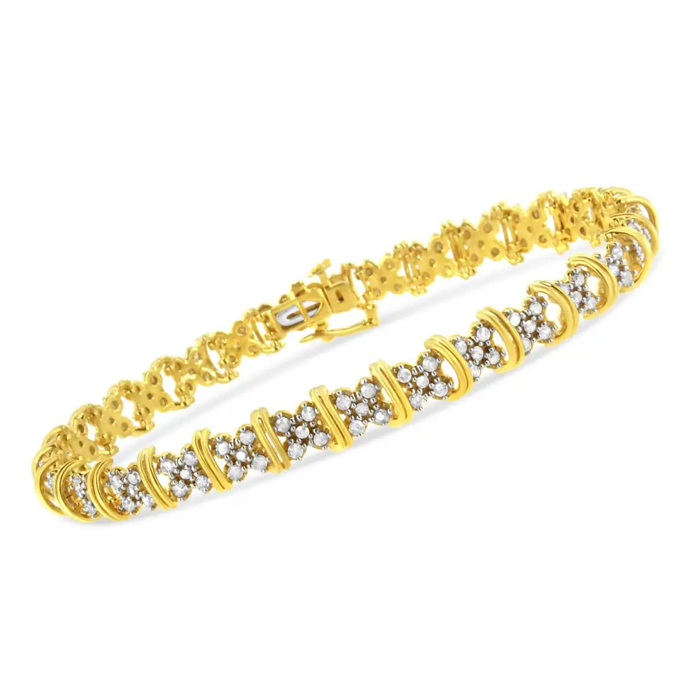 10k Yellow Gold Plated.925 Sterling Silver 2.0 Cttw Round Diamond Cluster ?X’ Shaped Link Bracelet (h-i Color I3