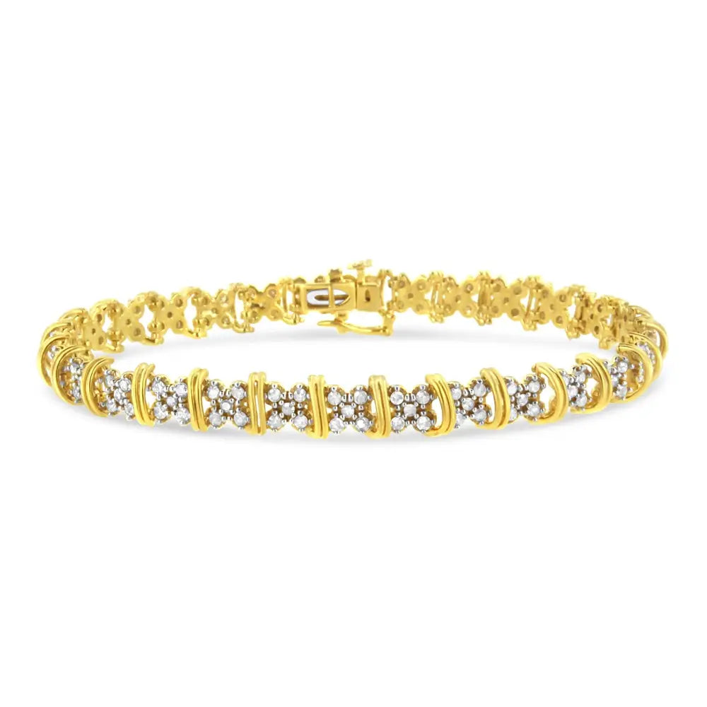 10k Yellow Gold Plated.925 Sterling Silver 2.0 Cttw Round Diamond Cluster ?X’ Shaped Link Bracelet (h-i Color I3