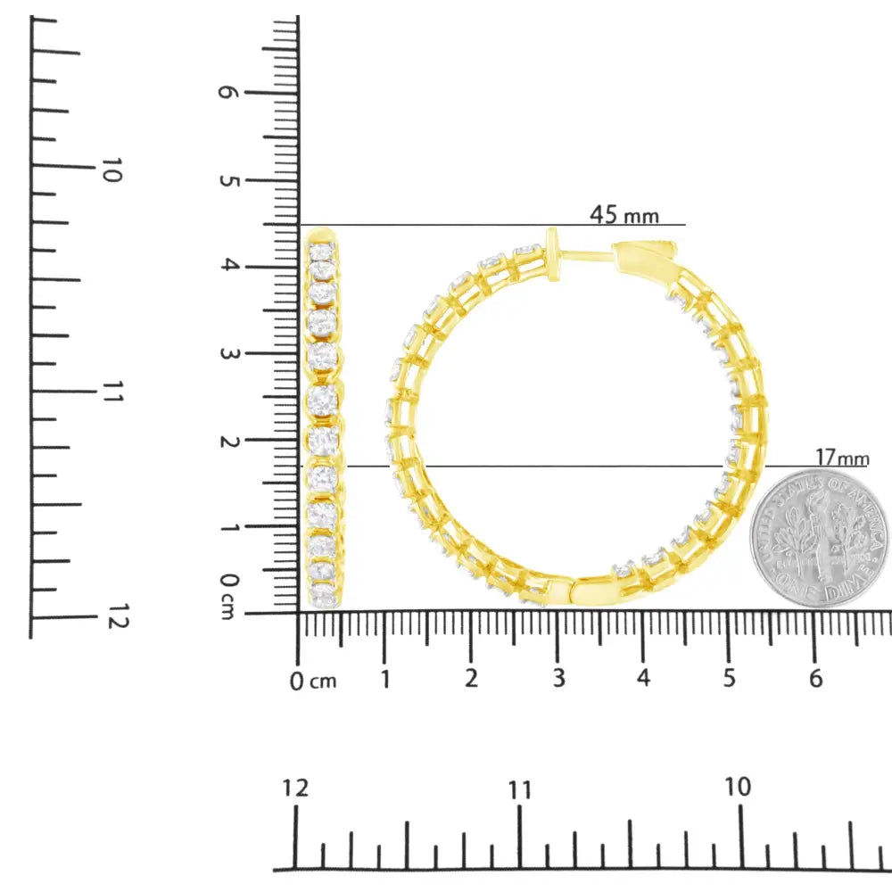 10k Yellow Gold Plated.925 Sterling Silver 7.0 Cttw Round Brilliant Cut Diamond 1-¾ Inside out Hinged Leverback Hoop