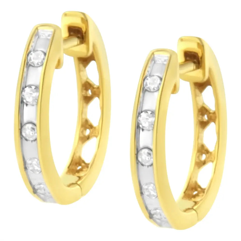 10k Yellow Gold Plated.925 Sterling Silver Channel Set Round-cut Diamond Accent Classic Hoop Earrings (i-j Color I1-i2