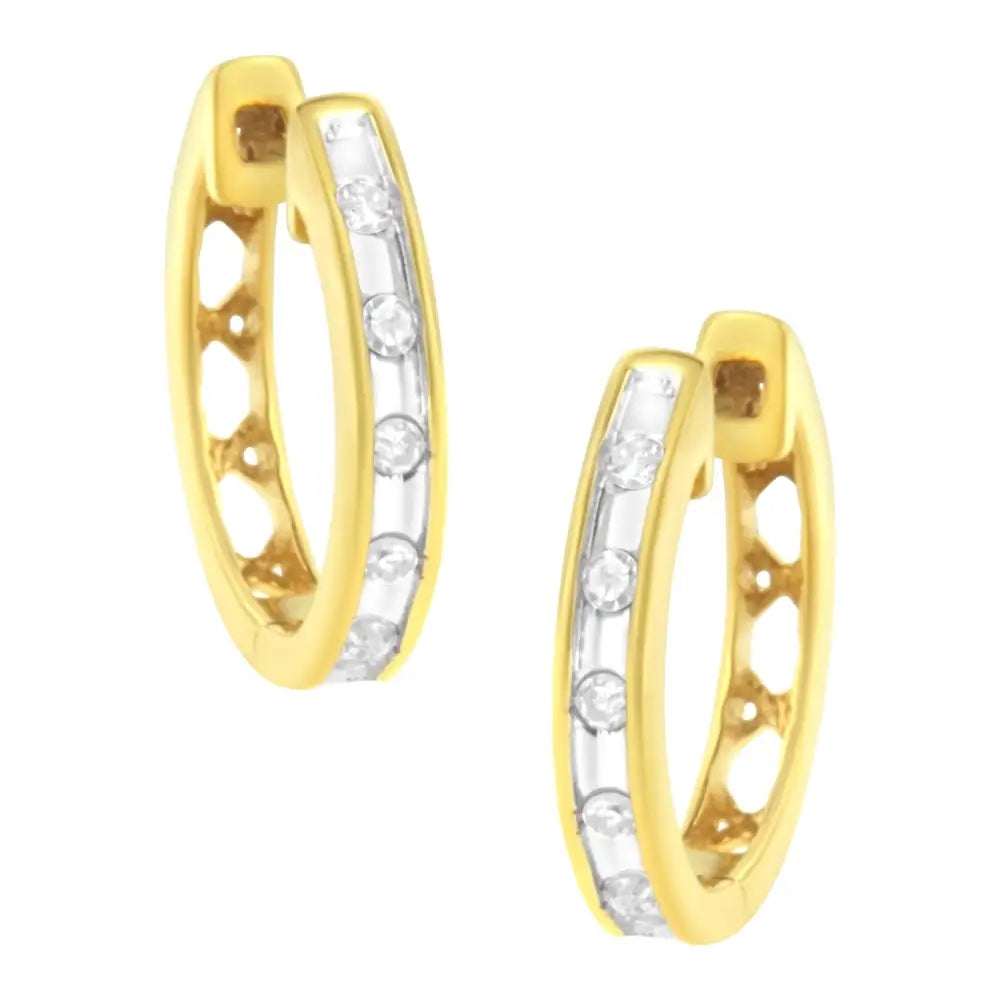 10k Yellow Gold Plated.925 Sterling Silver Channel Set Round-cut Diamond Accent Classic Hoop Earrings (i-j Color I1-i2