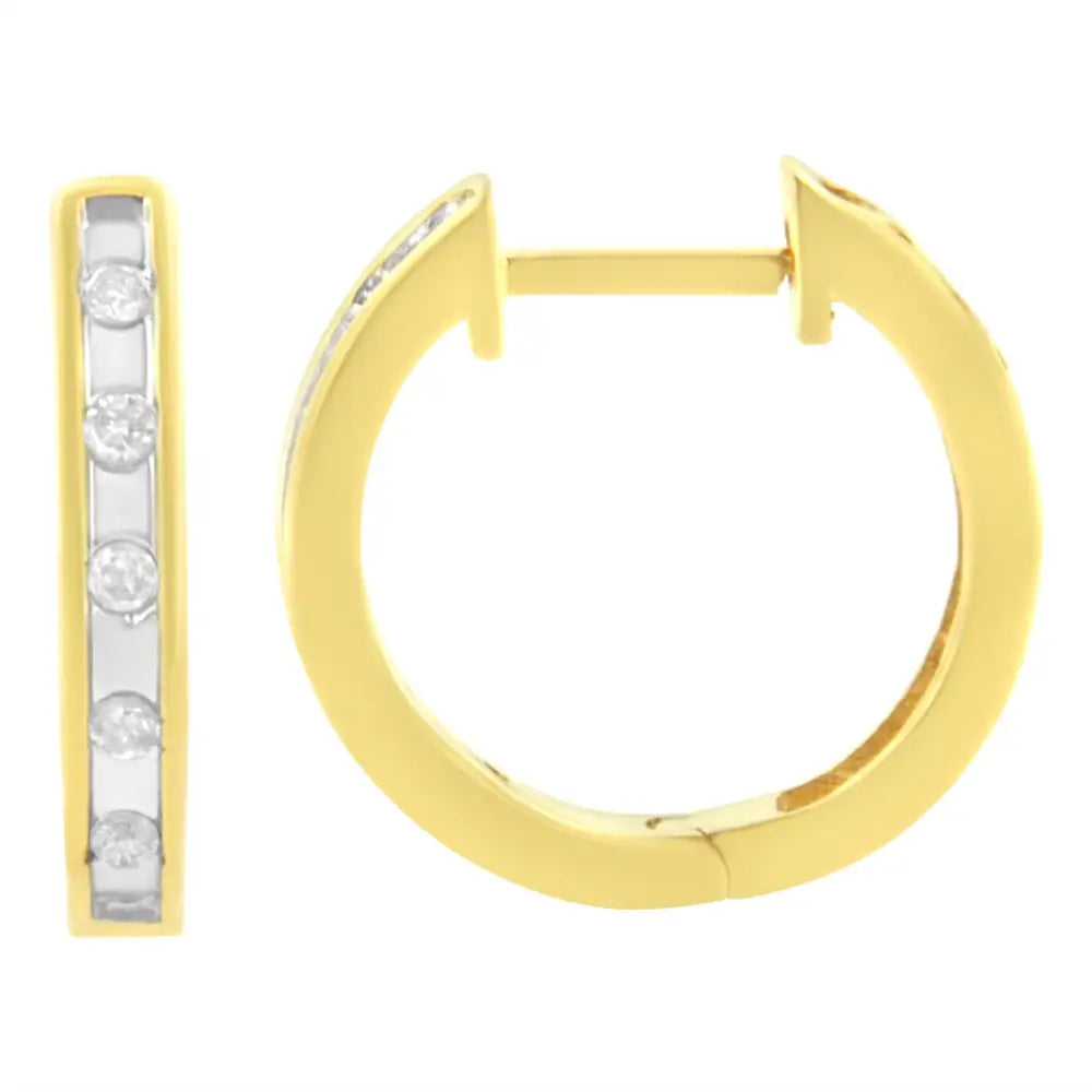 10k Yellow Gold Plated.925 Sterling Silver Channel Set Round-cut Diamond Accent Classic Hoop Earrings (i-j Color I1-i2