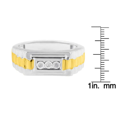 10k Yellow Gold Plated.925 Sterling Silver Diamond Accent Miracle-set 3 Stone Ridged Band Gentlemen’s Fashion Ring