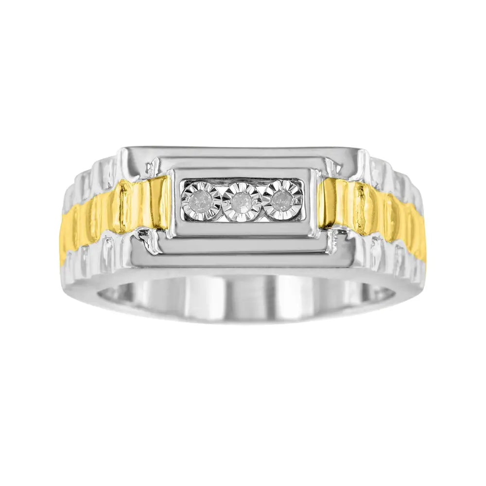 10k Yellow Gold Plated.925 Sterling Silver Diamond Accent Miracle-set 3 Stone Ridged Band Gentlemen’s Fashion Ring