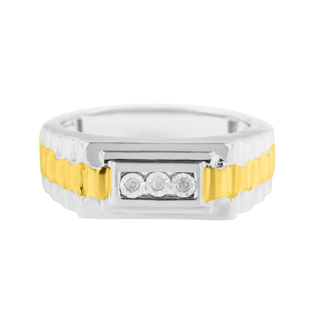 10k Yellow Gold Plated.925 Sterling Silver Diamond Accent Miracle-set 3 Stone Ridged Band Gentlemen’s Fashion Ring