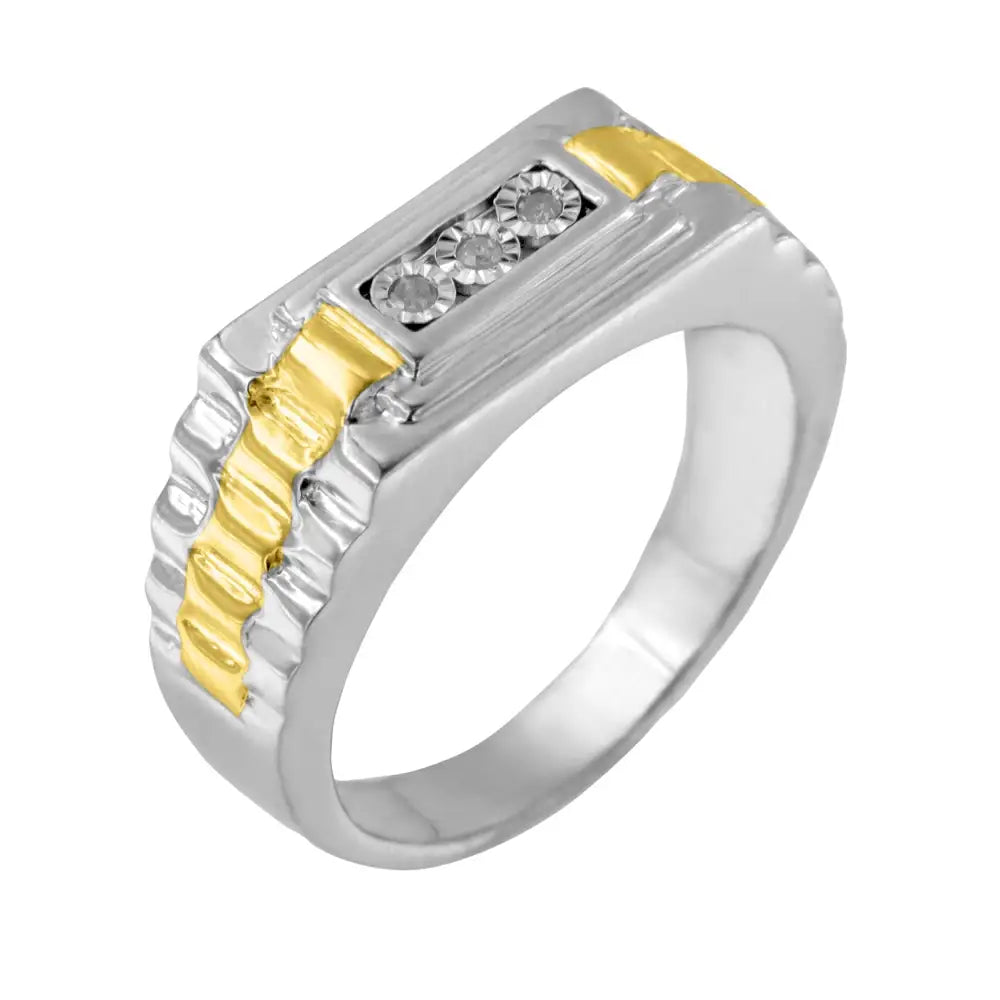 10k Yellow Gold Plated.925 Sterling Silver Diamond Accent Miracle-set 3 Stone Ridged Band Gentlemen’s Fashion Ring