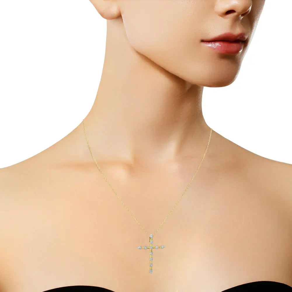 10k Yellow Gold Plated.925 Sterling Silver Miracle Set Diamond Accent Cross 18’’ Pendant Necklace (i-j Color I3