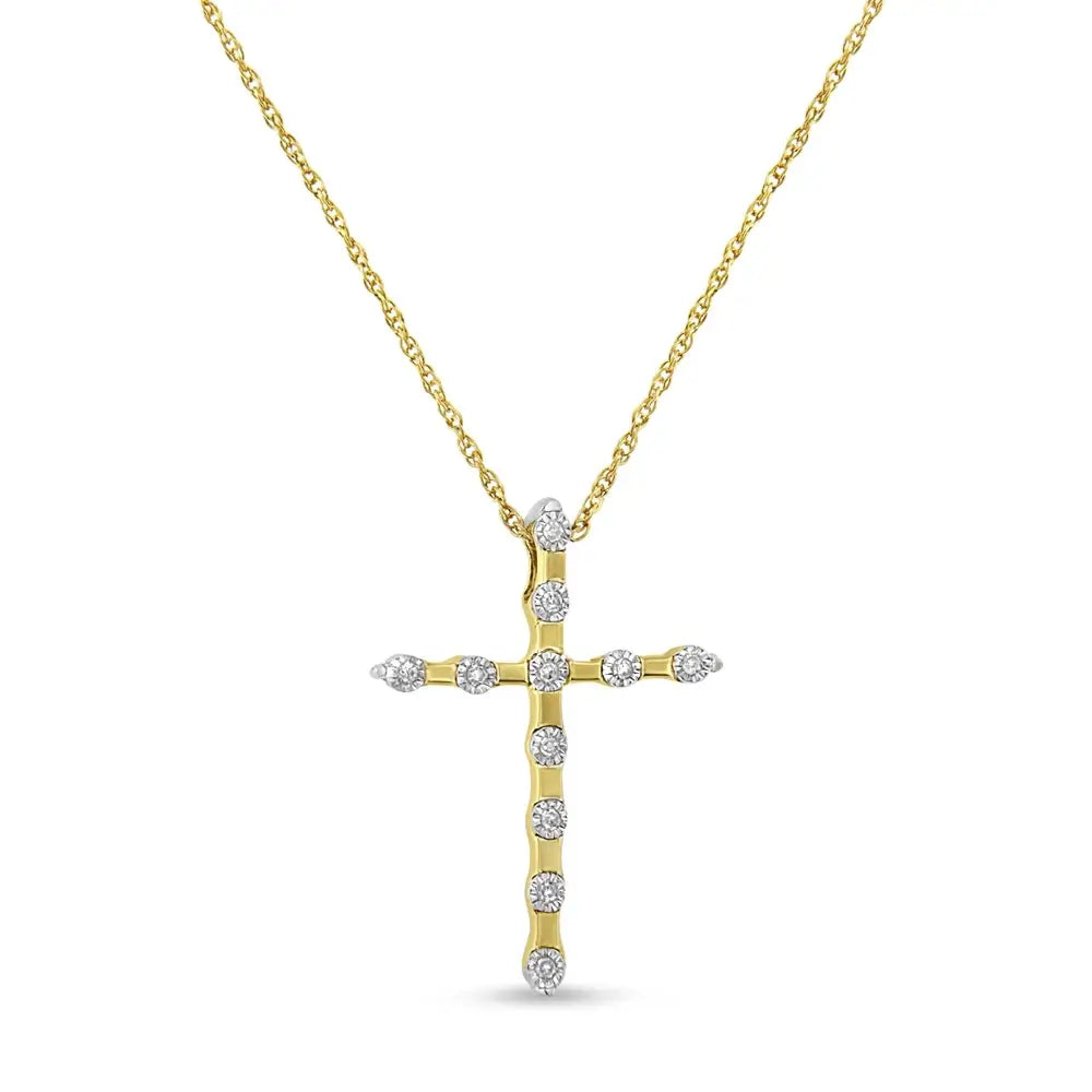 10k Yellow Gold Plated.925 Sterling Silver Miracle Set Diamond Accent Cross 18’’ Pendant Necklace (i-j Color I3