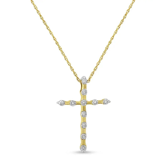 10k Yellow Gold Plated.925 Sterling Silver Miracle Set Diamond Accent Cross 18’’ Pendant Necklace (i-j Color I3