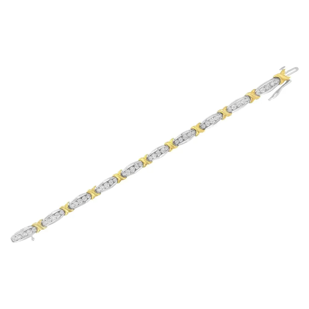 10k Yellow Gold Plated.925 Sterling Silver Two Tone 3/4 Cttwdiamond x & o Link Tennis Bracelet (h-i Color I1-i2