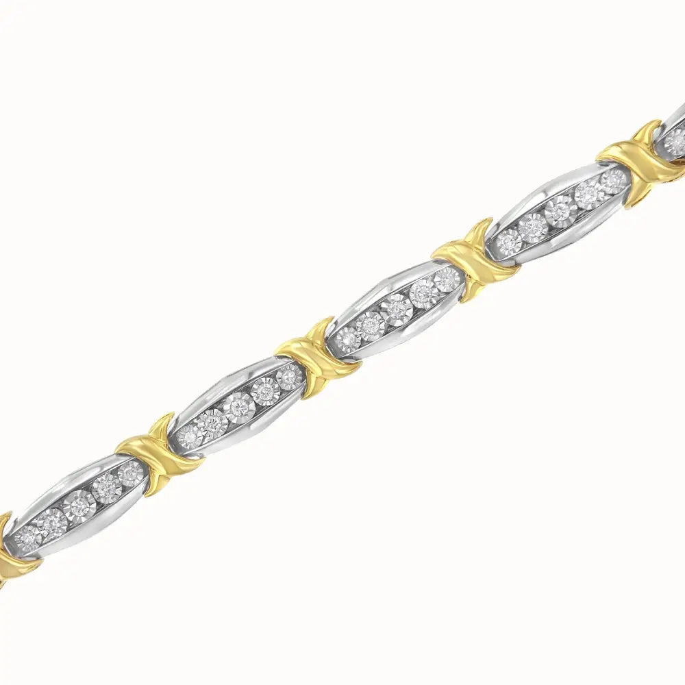 10k Yellow Gold Plated.925 Sterling Silver Two Tone 3/4 Cttwdiamond x & o Link Tennis Bracelet (h-i Color I1-i2