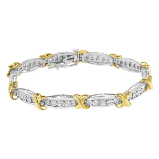 10k Yellow Gold Plated.925 Sterling Silver Two Tone 3/4 Cttwdiamond x & o Link Tennis Bracelet (h-i Color I1-i2