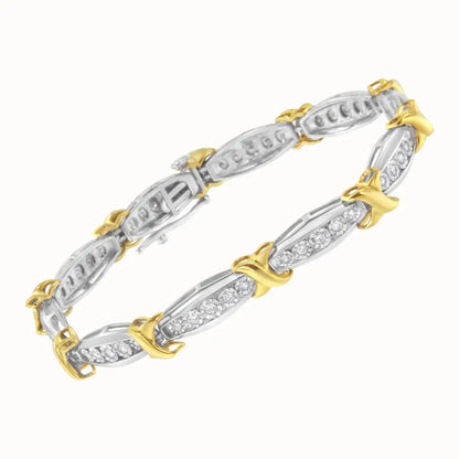 10k Yellow Gold Plated.925 Sterling Silver Two Tone 3/4 Cttwdiamond x & o Link Tennis Bracelet (h-i Color I1-i2