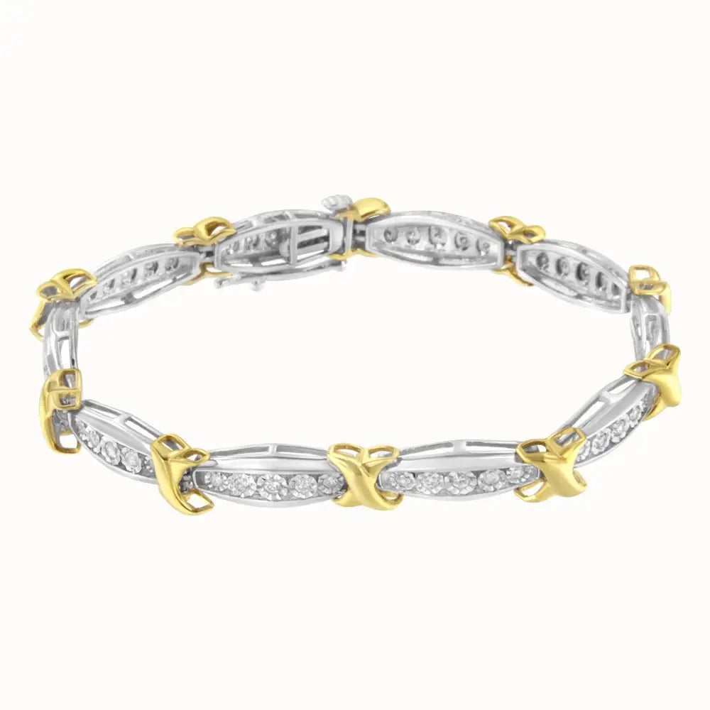 10k Yellow Gold Plated.925 Sterling Silver Two Tone 3/4 Cttwdiamond x & o Link Tennis Bracelet (h-i Color I1-i2