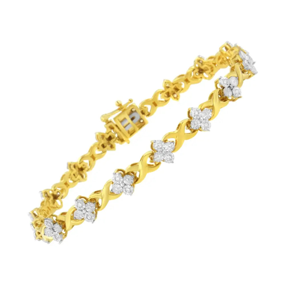 10k Yellow Gold Plated Sterling Silver 1/4 Cttw Diamond 4 Leaf Clover Link Tennis Bracelet (i-j Color I2-i3 Clarity)