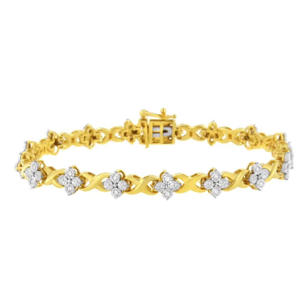 10k Yellow Gold Plated Sterling Silver 1/4 Cttw Diamond 4 Leaf Clover Link Tennis Bracelet (i-j Color I2-i3 Clarity)