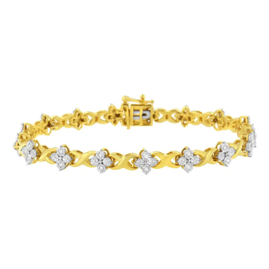 10k Yellow Gold Plated Sterling Silver 1/4 Cttw Diamond 4 Leaf Clover Link Tennis Bracelet (i-j Color I2-i3 Clarity)