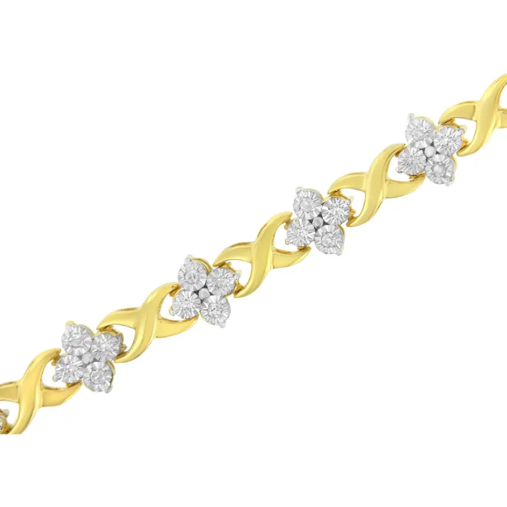 10k Yellow Gold Plated Sterling Silver 1/4 Cttw Diamond 4 Leaf Clover Link Tennis Bracelet (i-j Color I2-i3 Clarity)