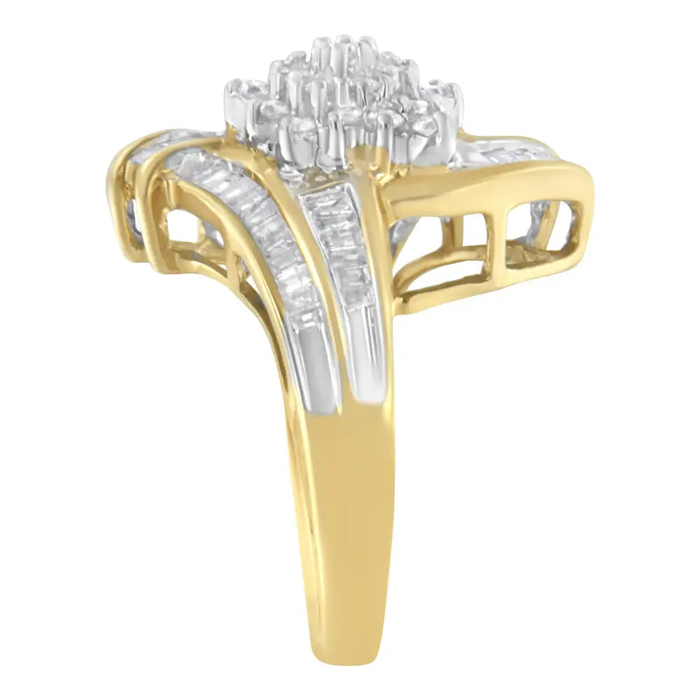 10k Yellow Gold Round and Baguette-cut Diamond Bypass Cluster Ring (1.0 Cttw I-j Color I1-i2 Clarity) - Fine Jewelry