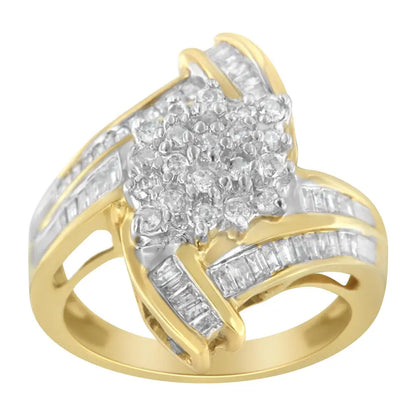 10k Yellow Gold Round and Baguette-cut Diamond Bypass Cluster Ring (1.0 Cttw I-j Color I1-i2 Clarity) - Fine Jewelry