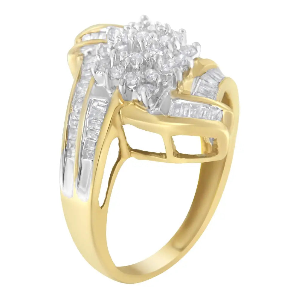 10k Yellow Gold Round and Baguette-cut Diamond Bypass Cluster Ring (1.0 Cttw I-j Color I1-i2 Clarity) - Fine Jewelry