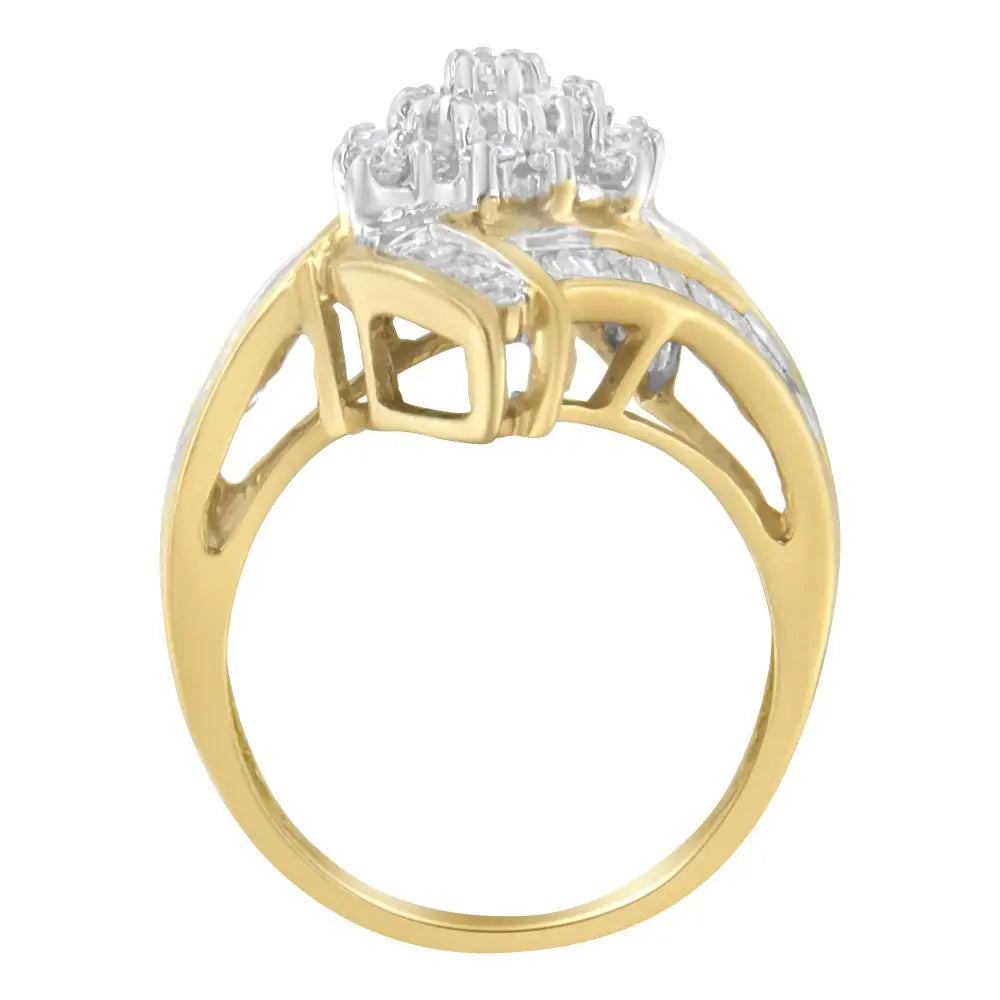 10k Yellow Gold Round and Baguette-cut Diamond Bypass Cluster Ring (1.0 Cttw I-j Color I1-i2 Clarity) - Fine Jewelry