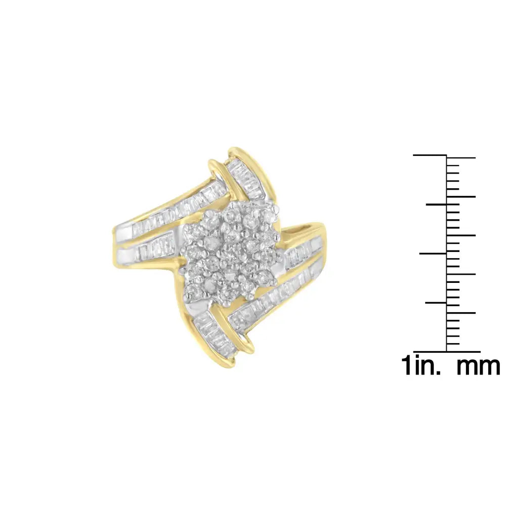 10k Yellow Gold Round and Baguette-cut Diamond Bypass Cluster Ring (1.0 Cttw I-j Color I1-i2 Clarity) - Fine Jewelry