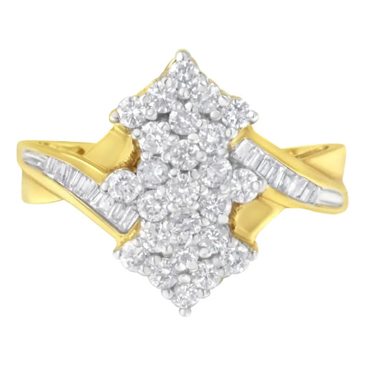 10k Yellow Gold Round and Baguette Cut Diamond Cluster Ring (1 1/10 Cttw H-i Color Si2-i1 Clarity) - Fine Jewelry