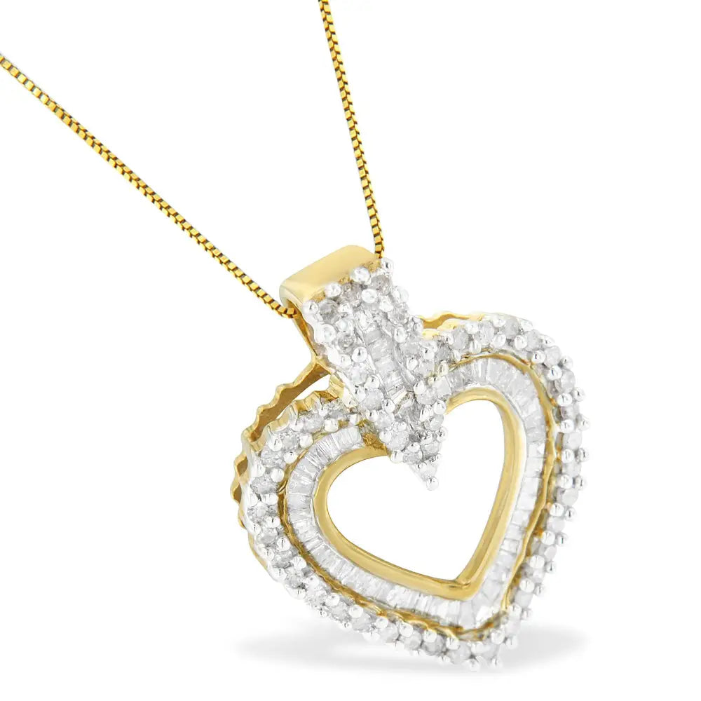 10k Yellow Gold Round and Baguette Cut Diamond Heart Shaped Pendant Necklace (1 Cttw H-i Color I2-i3 Clarity) - Fine