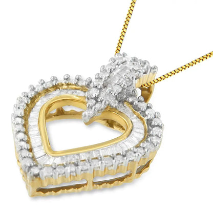 10k Yellow Gold Round and Baguette Cut Diamond Heart Shaped Pendant Necklace (1 Cttw H-i Color I2-i3 Clarity) - Fine